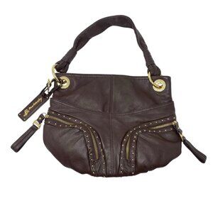 B Makowsky Dark Brown Leather Hobo Shoulder Studded Handbag Purse Logo Keychain